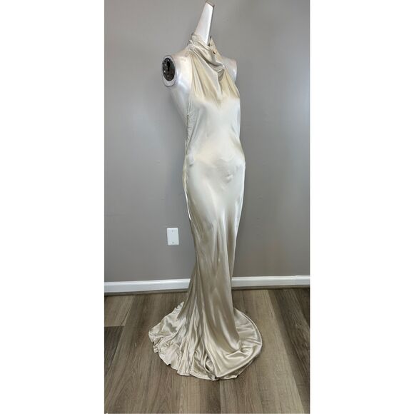 NWT Amanda Uprichard Cowl Halter Neck Open Back Silk Rainier Gown Chalk Medium $ - Picture 10 of 12